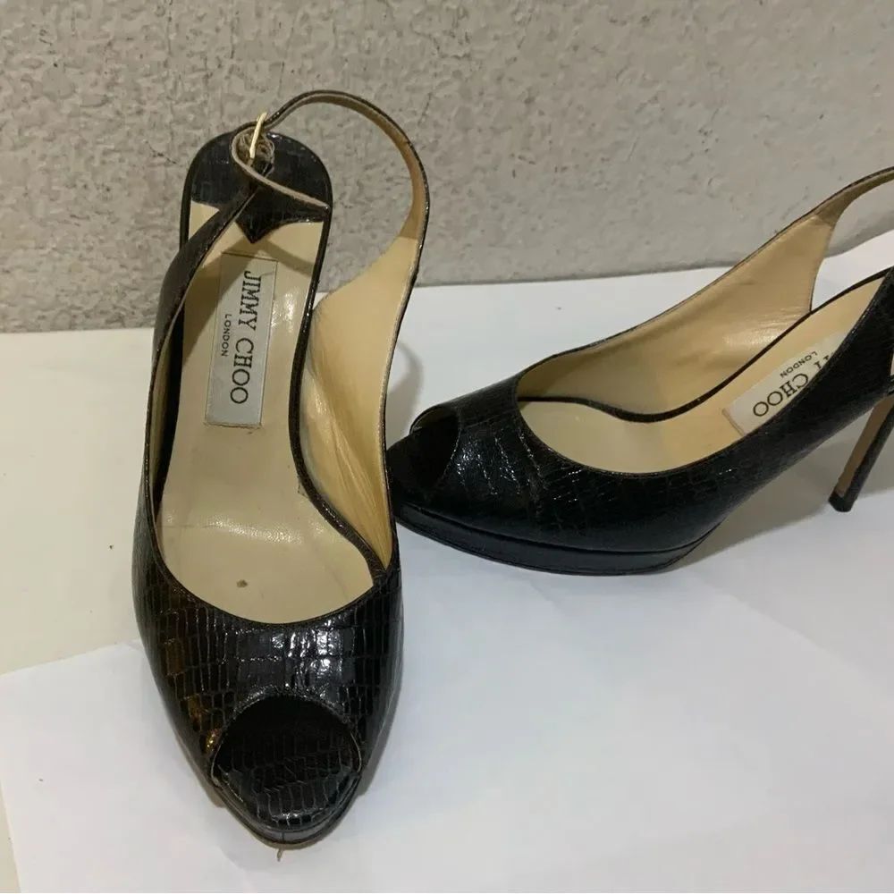 Jimmy Choo Open Toe Embossed Leather Slingback Pumps Women's Size: IT 37.5